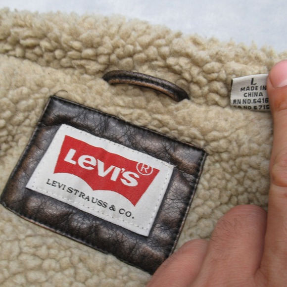Levis Jacket Mens Large Brown Faux Leather‎ Sherpa Lined Pockets Snap Zip Front - Picture 4 of 16